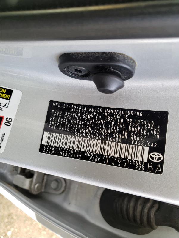 Photo 9 VIN: 5YFBURHE8GP540486 - TOYOTA COROLLA L 