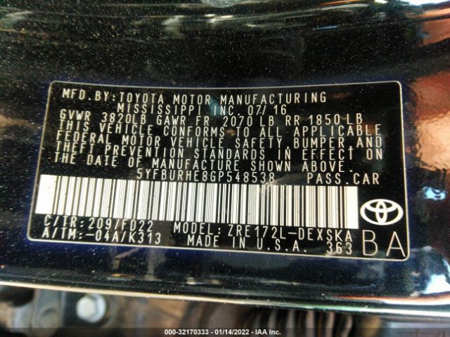 Photo 8 VIN: 5YFBURHE8GP548538 - TOYOTA COROLLA 