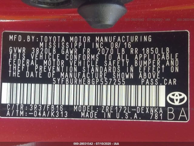 Photo 8 VIN: 5YFBURHE8GP557255 - TOYOTA COROLLA 