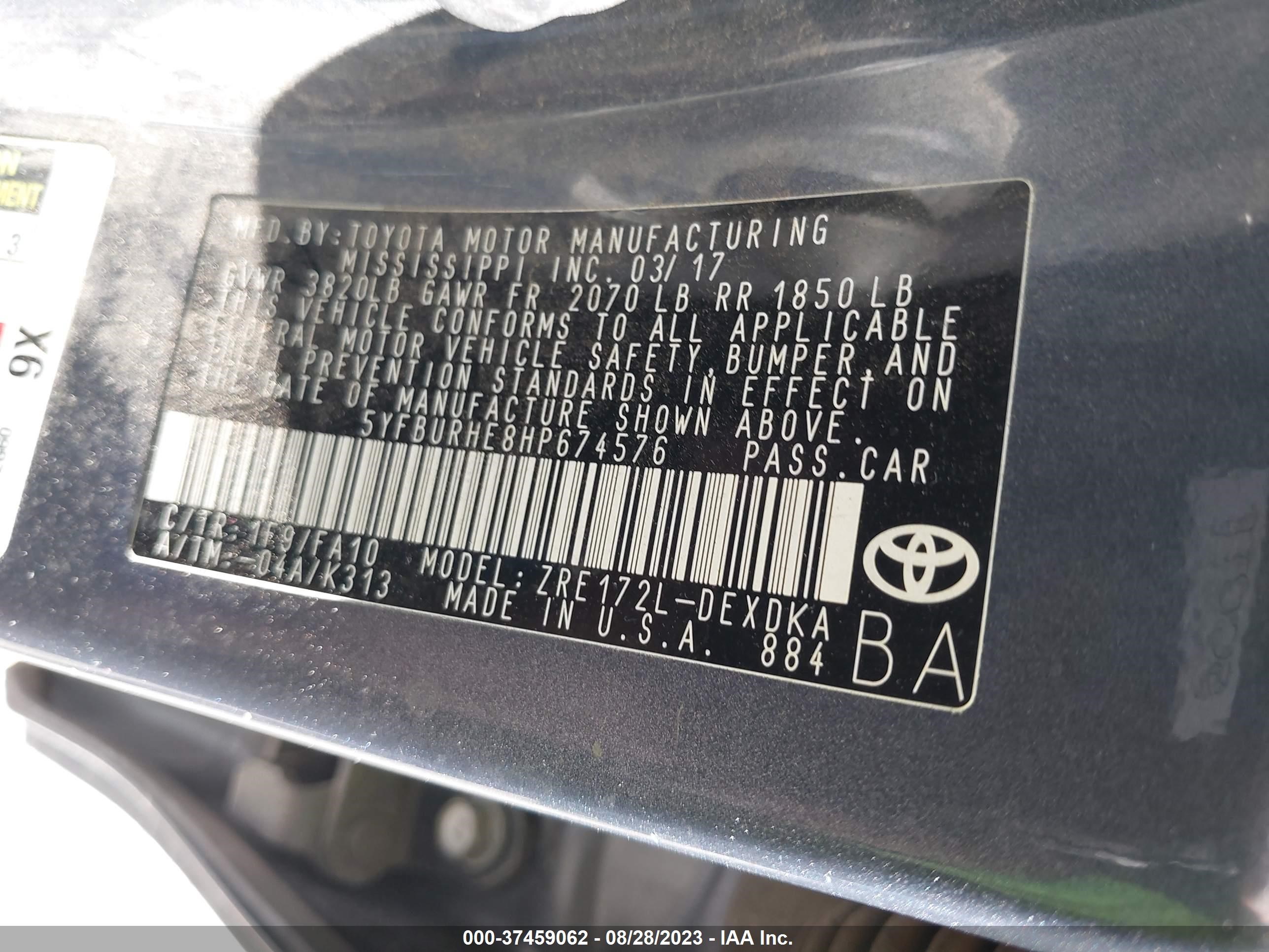 Photo 8 VIN: 5YFBURHE8HP674576 - TOYOTA COROLLA 