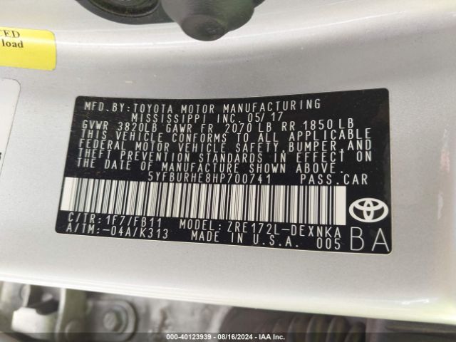 Photo 8 VIN: 5YFBURHE8HP700741 - TOYOTA COROLLA 