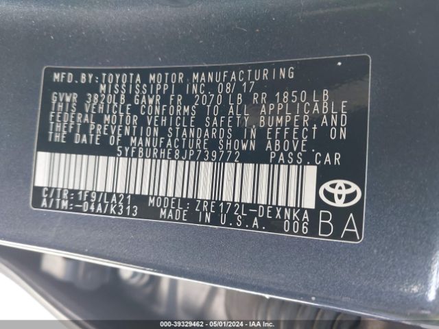 Photo 8 VIN: 5YFBURHE8JP739772 - TOYOTA COROLLA 