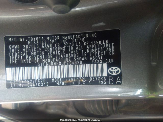 Photo 8 VIN: 5YFBURHE8JP794920 - TOYOTA COROLLA 