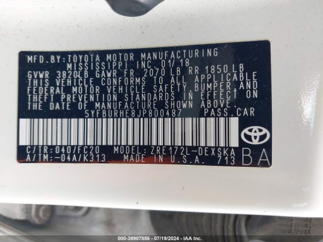 Photo 8 VIN: 5YFBURHE8JP800487 - TOYOTA COROLLA 