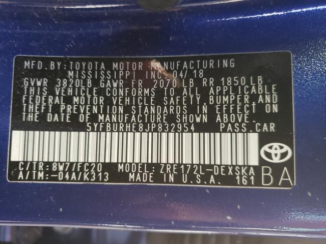 Photo 9 VIN: 5YFBURHE8JP832954 - TOYOTA COROLLA L 