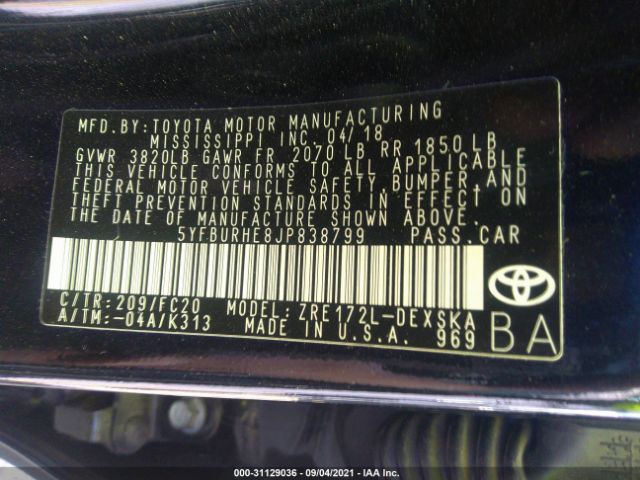 Photo 8 VIN: 5YFBURHE8JP838799 - TOYOTA COROLLA 