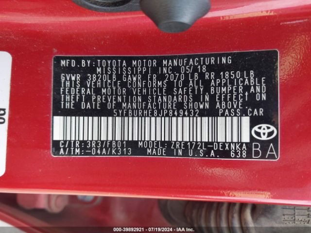 Photo 8 VIN: 5YFBURHE8JP849432 - TOYOTA COROLLA 