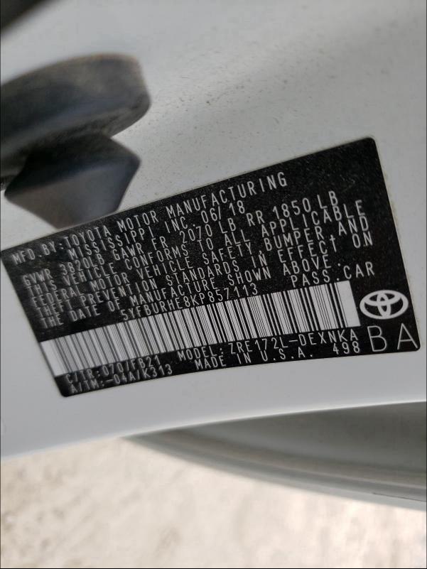 Photo 9 VIN: 5YFBURHE8KP857113 - TOYOTA COROLLA L 