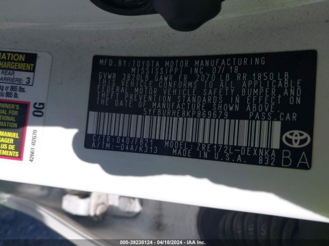 Photo 8 VIN: 5YFBURHE8KP869679 - TOYOTA COROLLA 