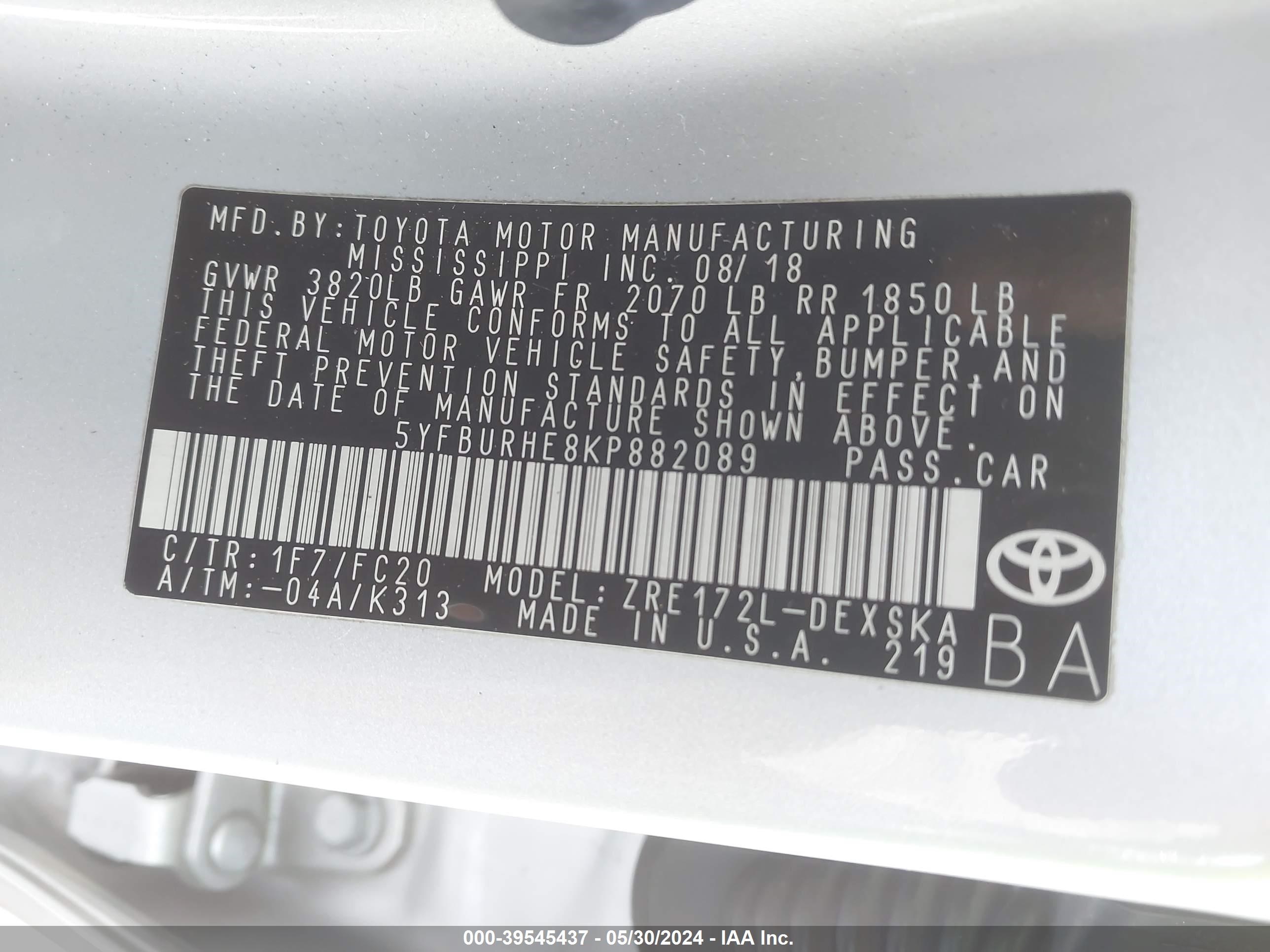 Photo 8 VIN: 5YFBURHE8KP882089 - TOYOTA COROLLA 