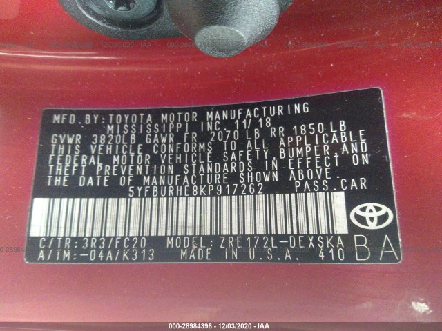 Photo 8 VIN: 5YFBURHE8KP917262 - TOYOTA COROLLA 