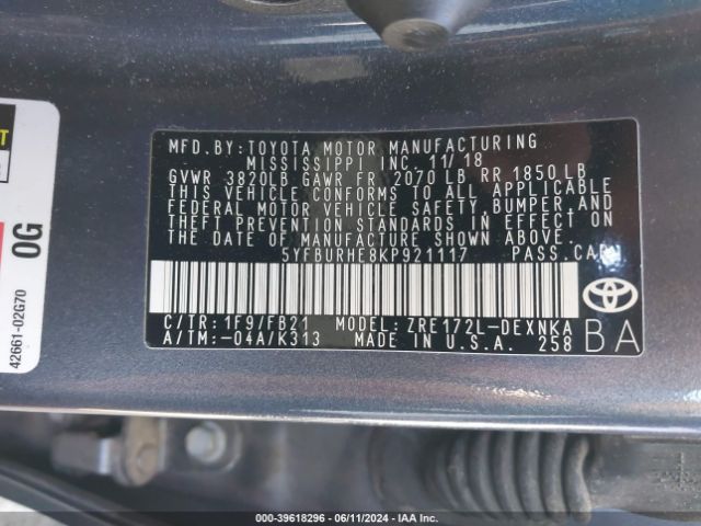 Photo 8 VIN: 5YFBURHE8KP921117 - TOYOTA COROLLA 