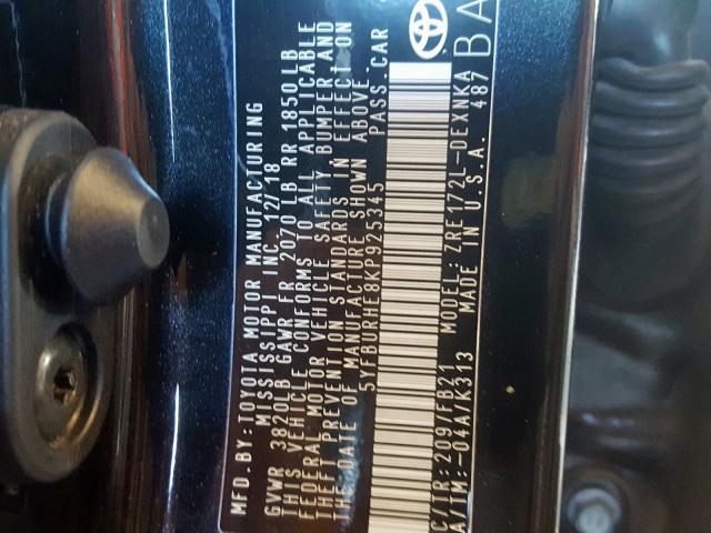 Photo 9 VIN: 5YFBURHE8KP925345 - TOYOTA COROLLA L 