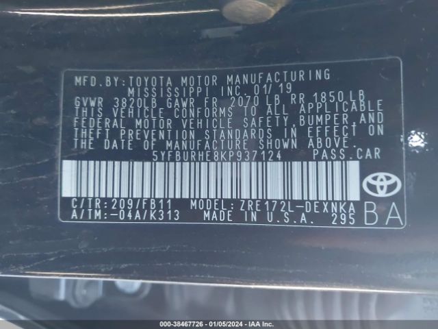 Photo 8 VIN: 5YFBURHE8KP937124 - TOYOTA COROLLA 