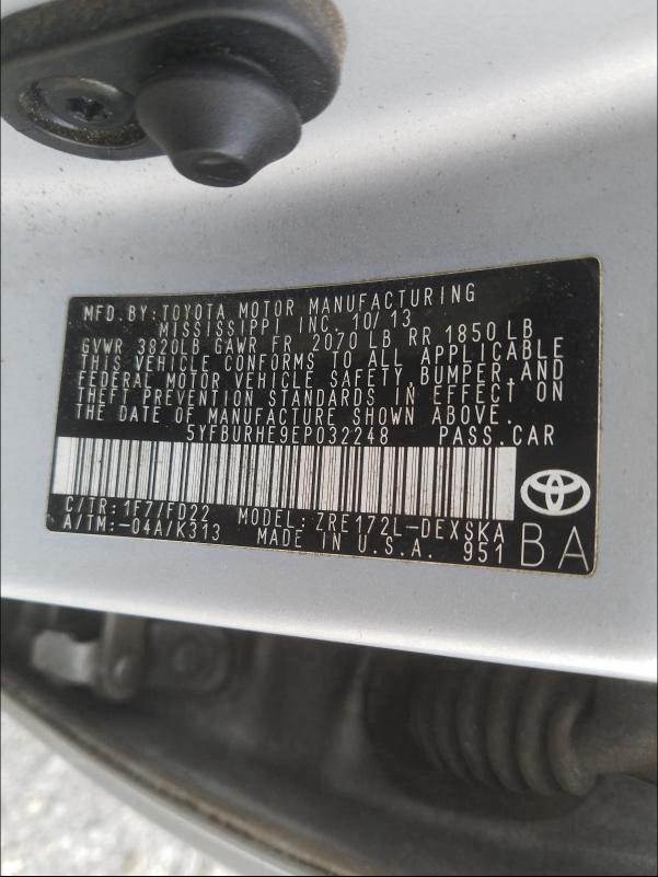 Photo 9 VIN: 5YFBURHE9EP032248 - TOYOTA COROLLA L 