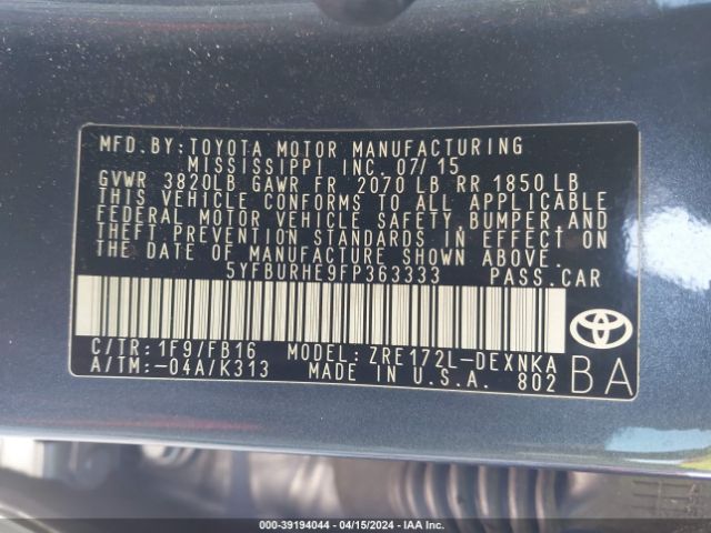 Photo 8 VIN: 5YFBURHE9FP363333 - TOYOTA COROLLA 