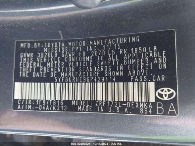 Photo 8 VIN: 5YFBURHE9GP429414 - TOYOTA COROLLA 