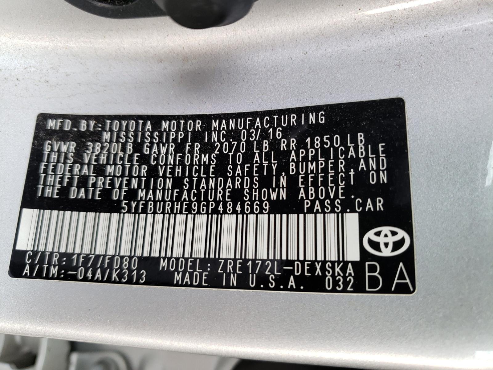 Photo 9 VIN: 5YFBURHE9GP484669 - TOYOTA COROLLA L 