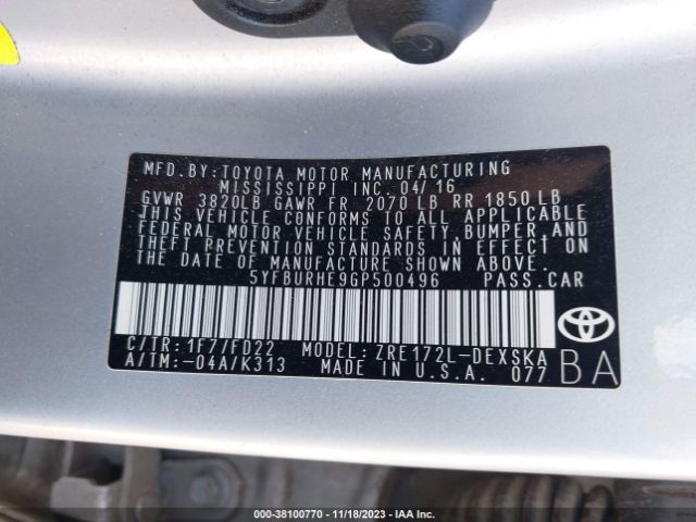 Photo 8 VIN: 5YFBURHE9GP500496 - TOYOTA COROLLA 