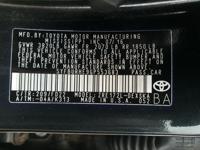 Photo 9 VIN: 5YFBURHE9GP553683 - TOYOTA COROLLA L 