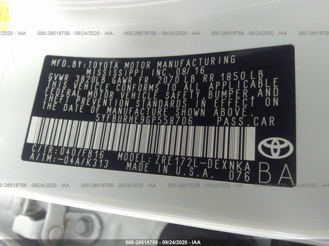 Photo 8 VIN: 5YFBURHE9GP558706 - TOYOTA COROLLA 