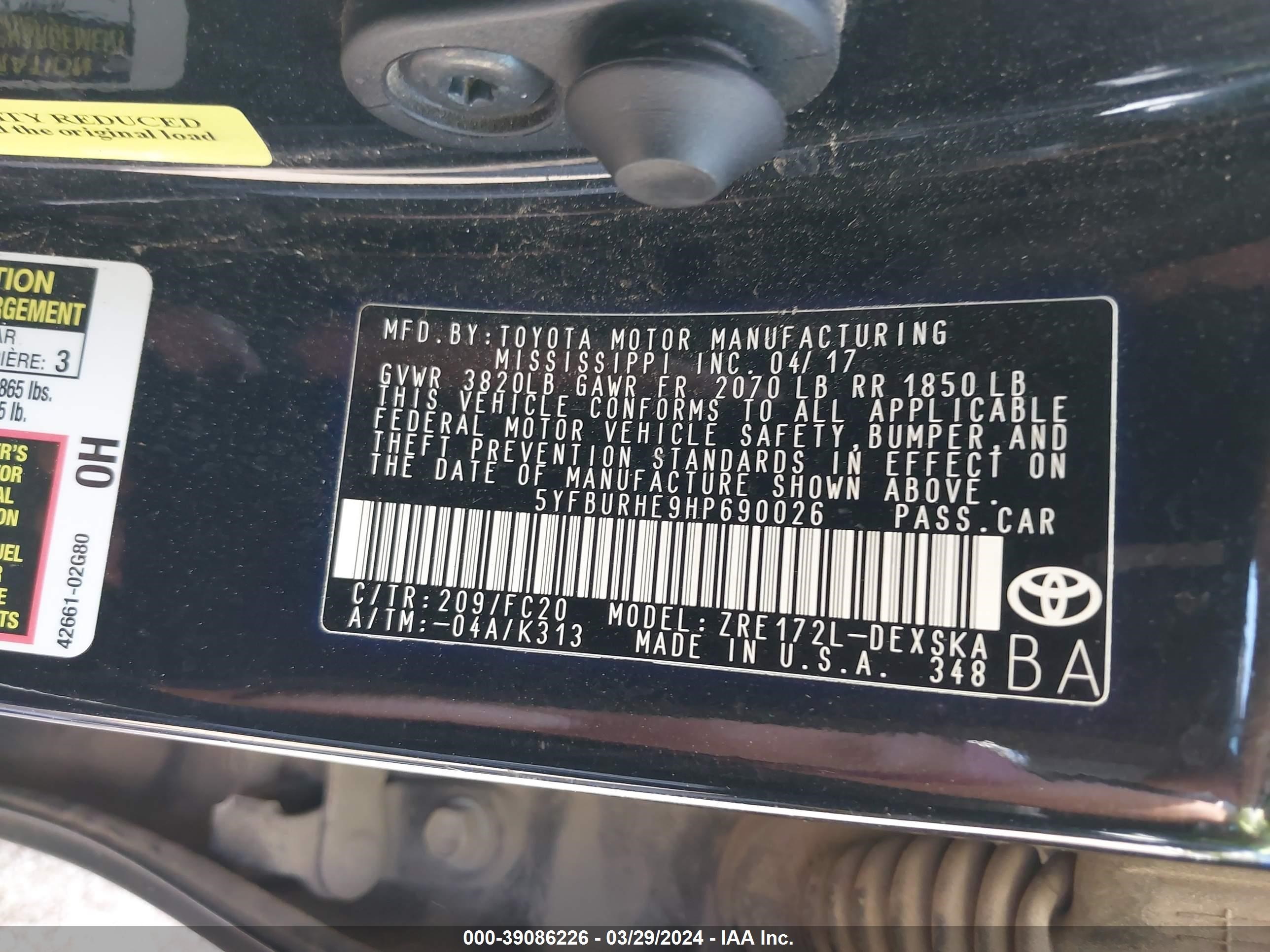 Photo 8 VIN: 5YFBURHE9HP690026 - TOYOTA COROLLA 