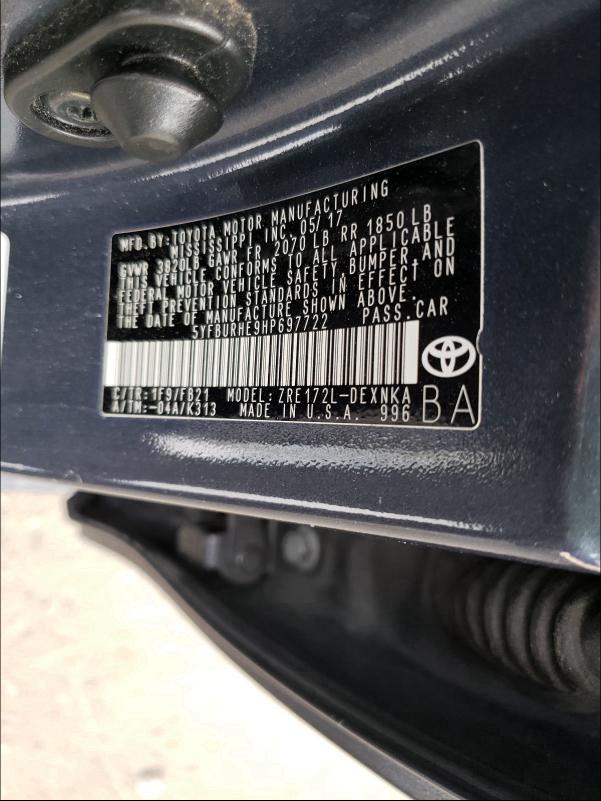 Photo 9 VIN: 5YFBURHE9HP697722 - TOYOTA COROLLA L 