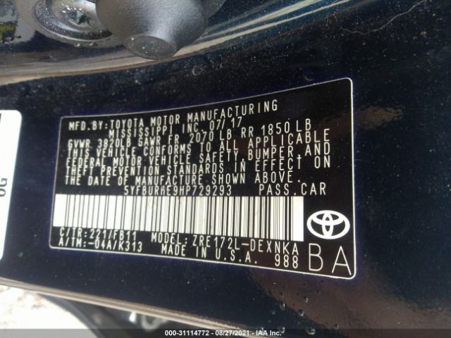 Photo 8 VIN: 5YFBURHE9HP729293 - TOYOTA COROLLA 