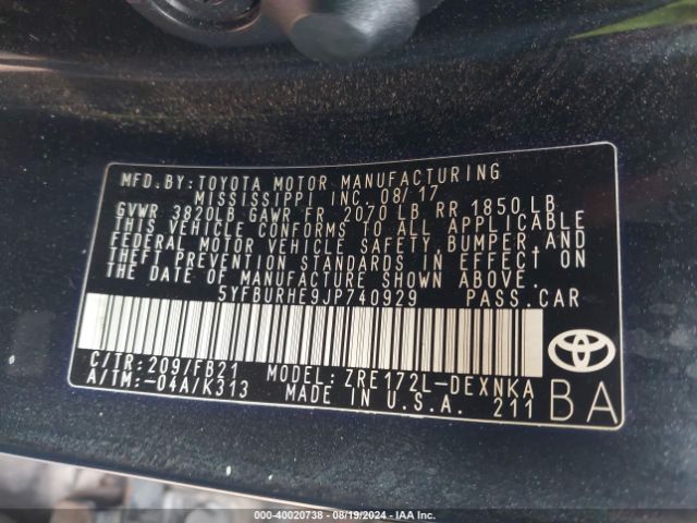 Photo 8 VIN: 5YFBURHE9JP740929 - TOYOTA COROLLA 