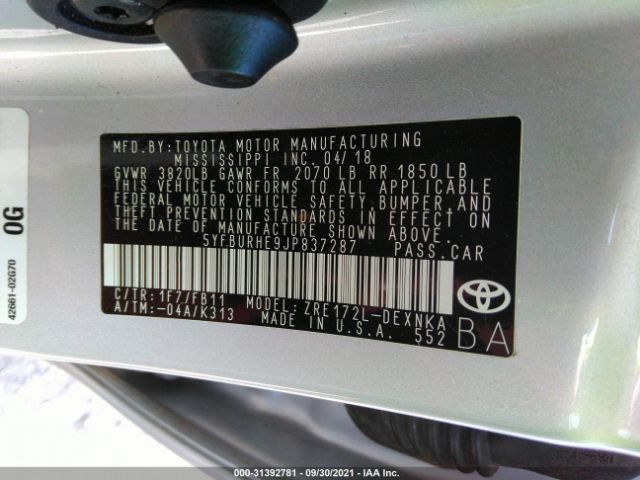 Photo 8 VIN: 5YFBURHE9JP837287 - TOYOTA COROLLA 