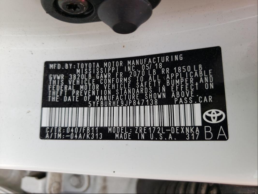 Photo 9 VIN: 5YFBURHE9JP847138 - TOYOTA COROLLA L 