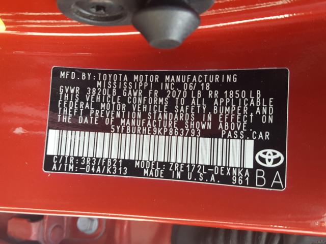 Photo 9 VIN: 5YFBURHE9KP863793 - TOYOTA COROLLA L 