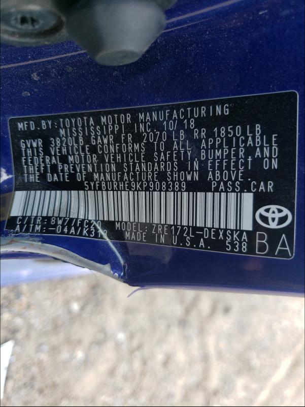 Photo 9 VIN: 5YFBURHE9KP908389 - TOYOTA COROLLA L 