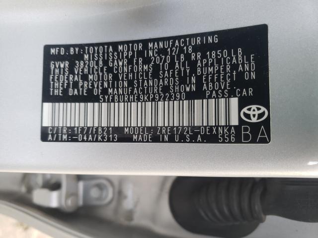 Photo 9 VIN: 5YFBURHE9KP922390 - TOYOTA COROLLA L 