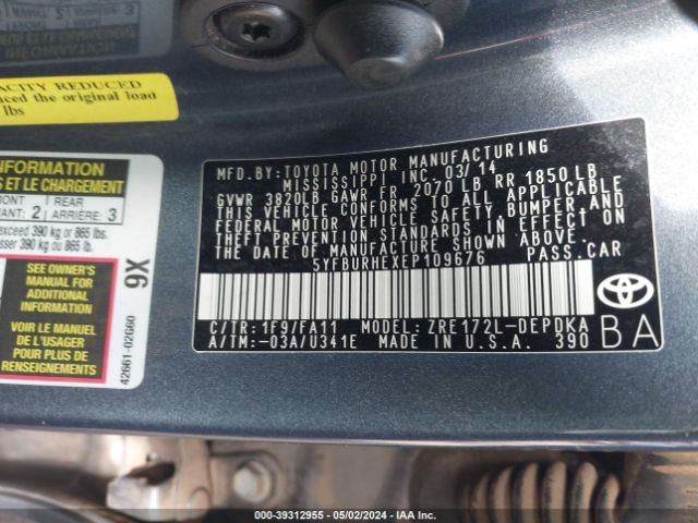 Photo 8 VIN: 5YFBURHEXEP109676 - TOYOTA COROLLA 