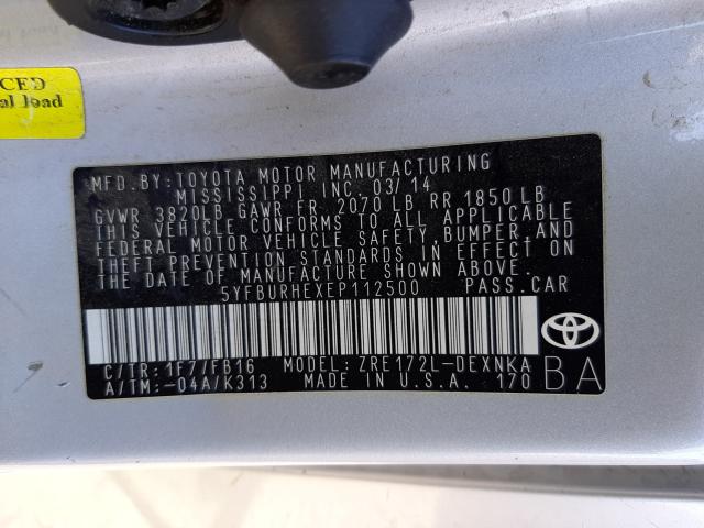 Photo 9 VIN: 5YFBURHEXEP112500 - TOYOTA COROLLA L 