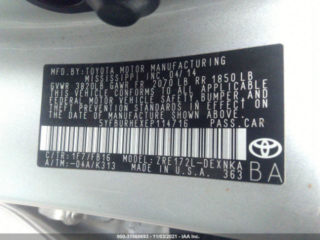 Photo 8 VIN: 5YFBURHEXEP114716 - TOYOTA COROLLA 