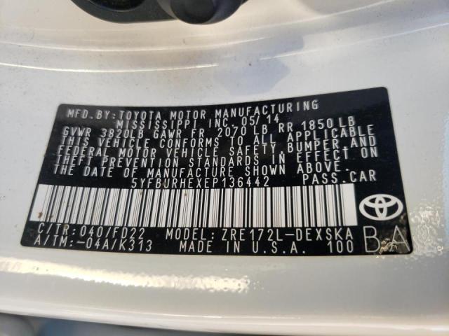 Photo 9 VIN: 5YFBURHEXEP136442 - TOYOTA COROLLA L 