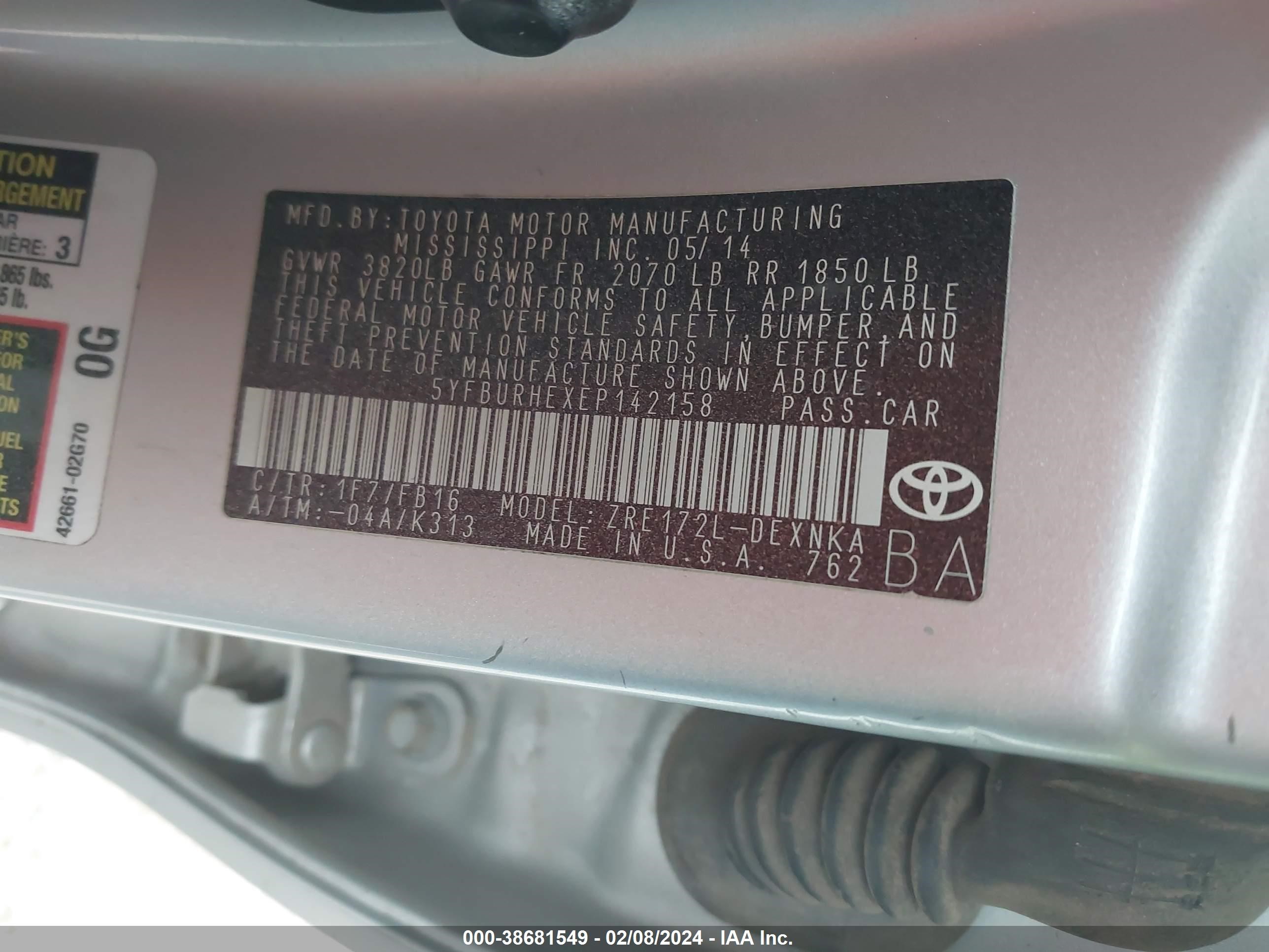 Photo 8 VIN: 5YFBURHEXEP142158 - TOYOTA COROLLA 