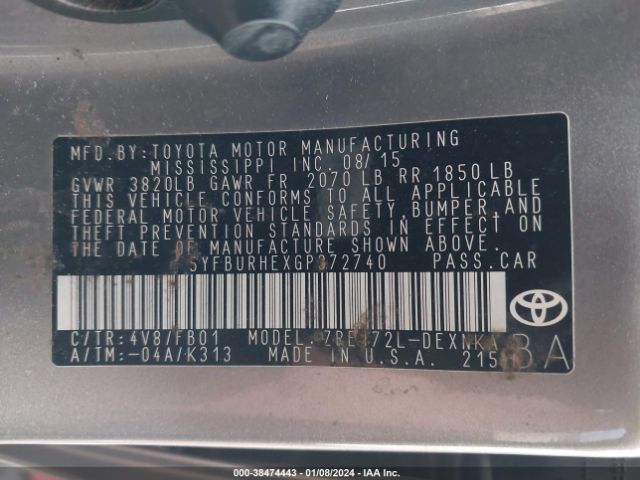 Photo 8 VIN: 5YFBURHEXGP372740 - TOYOTA COROLLA 