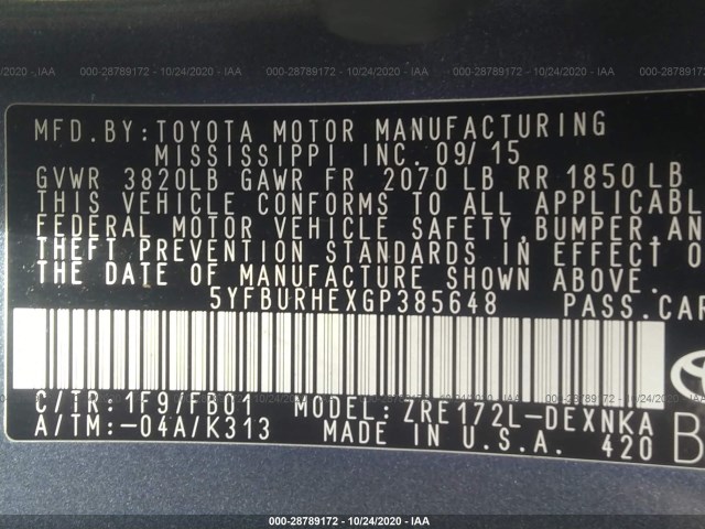 Photo 8 VIN: 5YFBURHEXGP385648 - TOYOTA COROLLA 