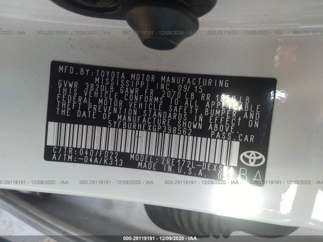 Photo 8 VIN: 5YFBURHEXGP398562 - TOYOTA COROLLA 