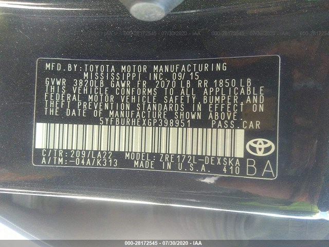 Photo 8 VIN: 5YFBURHEXGP398951 - TOYOTA COROLLA 