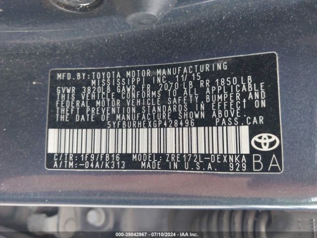 Photo 8 VIN: 5YFBURHEXGP428496 - TOYOTA COROLLA 