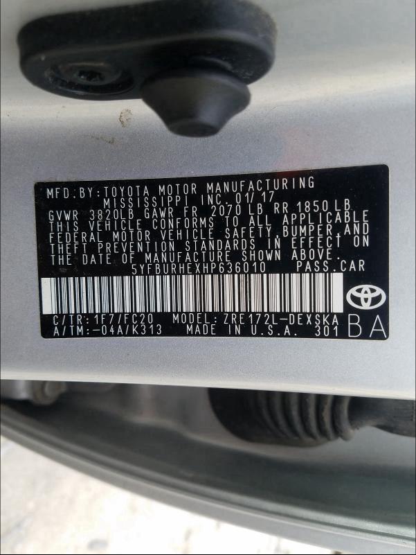 Photo 9 VIN: 5YFBURHEXHP636010 - TOYOTA COROLLA L 