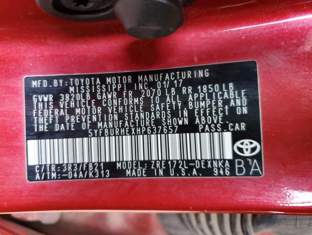 Photo 12 VIN: 5YFBURHEXHP637657 - TOYOTA COROLLA L 