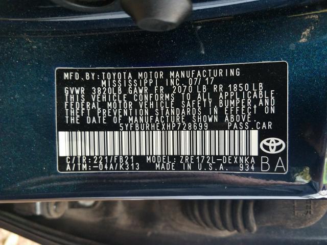 Photo 9 VIN: 5YFBURHEXHP728699 - TOYOTA COROLLA L 