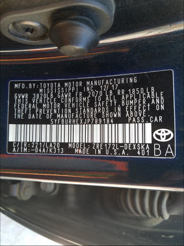 Photo 9 VIN: 5YFBURHEXJP789184 - TOYOTA COROLLA L 