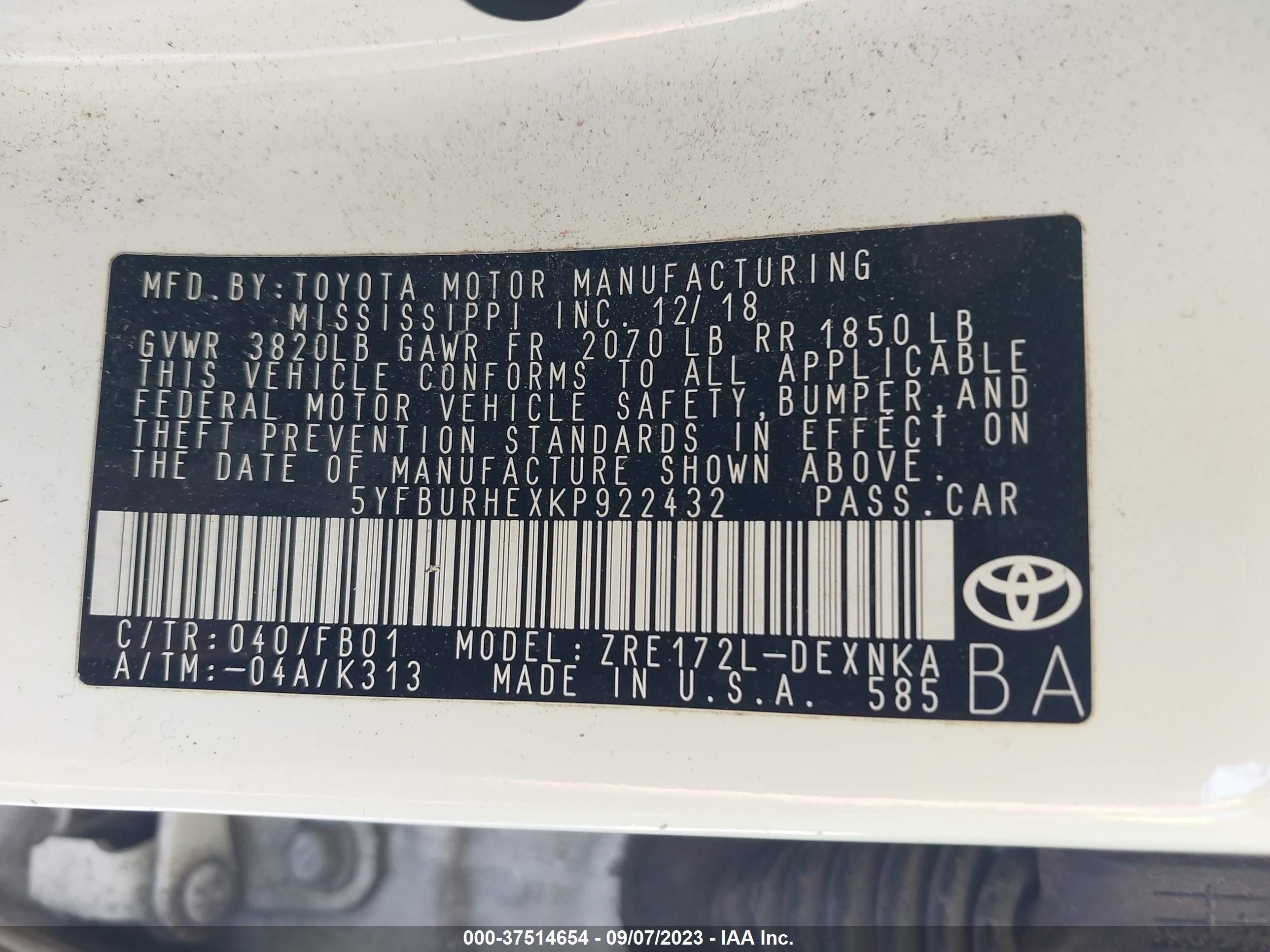 Photo 8 VIN: 5YFBURHEXKP922432 - TOYOTA COROLLA 