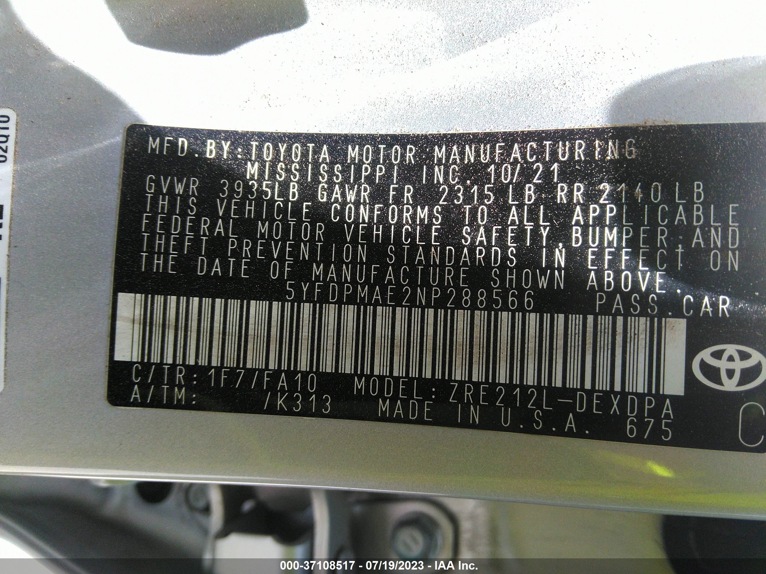 Photo 8 VIN: 5YFDPMAE2NP288566 - TOYOTA COROLLA 